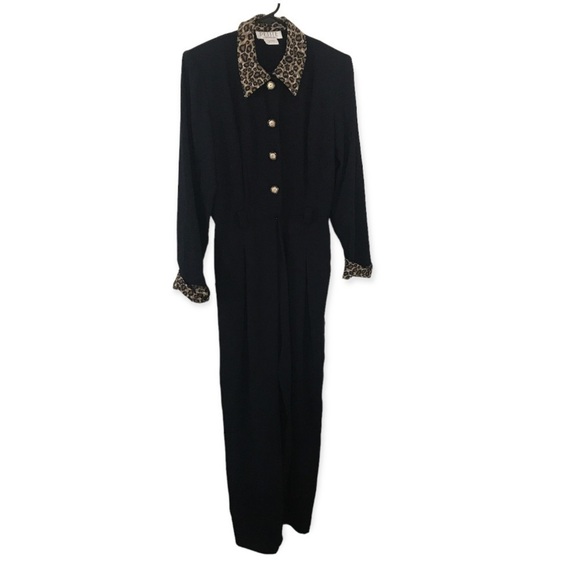 Petite Sophisticate Pants - Vintage animal print black long sleeve jumpsuit
